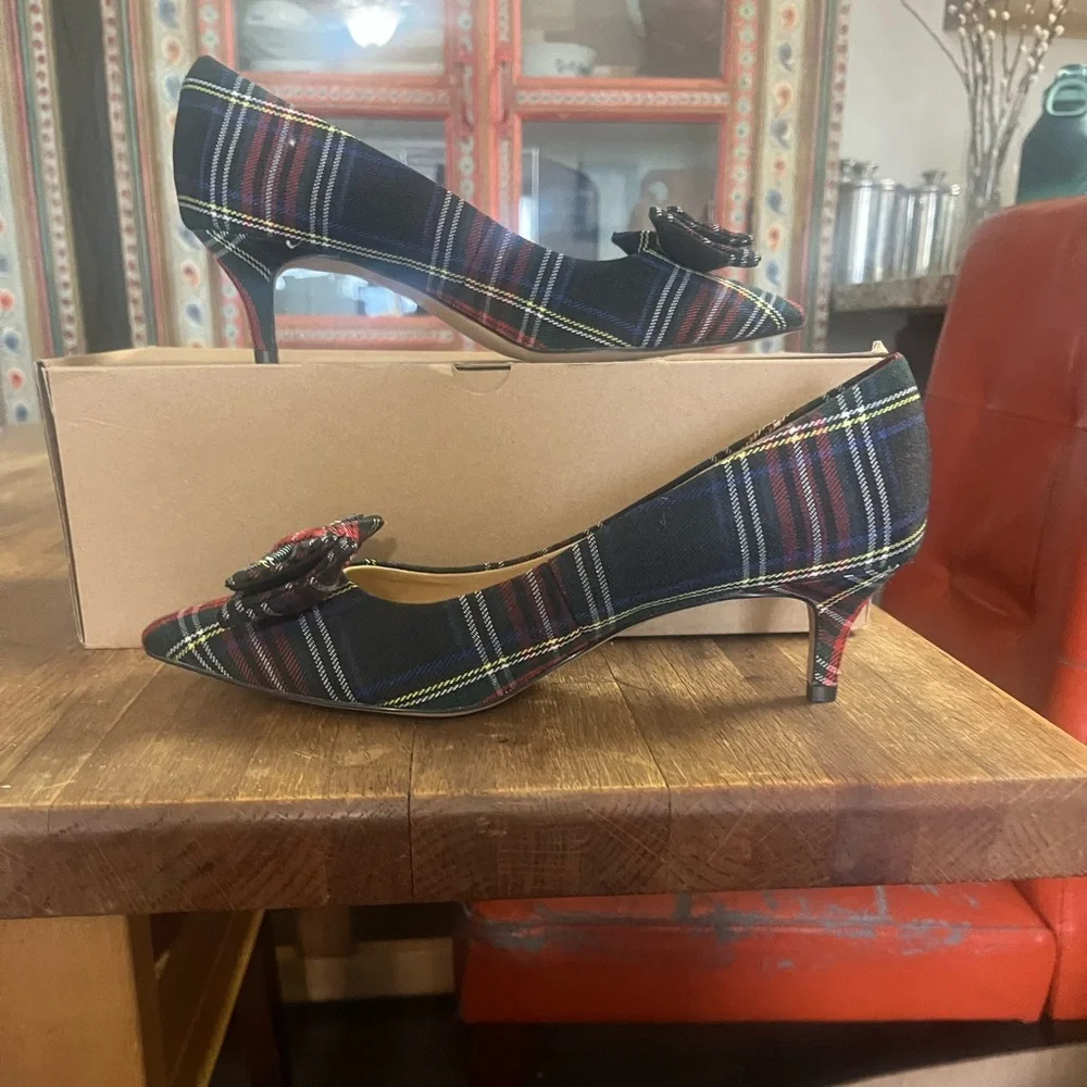 J. Crew Women's Tartan Bow Heels - Red and Blue - Picture 2 of 3